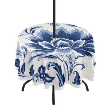 Imagem de CEBUGI Toalha de mesa redonda para uso externo, estampa floral, impermeável, com furo Umberlla, capa de mesa lavável para pátio, cozinha, sala de jantar, 152 cm