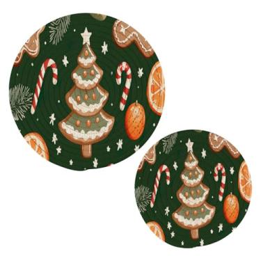Imagem de Wassud Conjunto de tripé de árvore de Natal de gengibre para pratos quentes, suportes de panela redondos de algodão, porta-copos elegantes, decoração de cozinha e acessórios, 2 peças