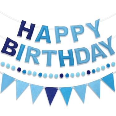 Imagem de LITAUS Conjunto de faixa pré-amarrada de feliz aniversário e guirlanda de feltro - Decorações de aniversário azul ombré para mulheres, homens, meninos e meninas | Artigos de festa reutilizáveis para