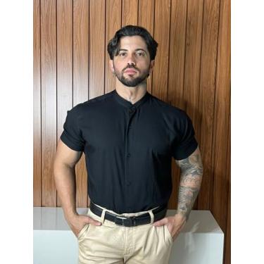 Imagem de Camisa Social Gola Padre Masculina Slim Manga Curta - Volgue, Preto, M