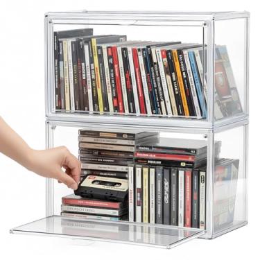 Imagem de Fiwochic Pacote com 2 caixas de armazenamento de acrílico para DVD/CD, estojo de armazenamento empilhável para discos Blu-Rays pequenos livros/livretos organizador de DVD transparente adequado para