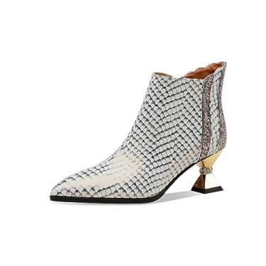 Imagem de TinaCus Bota feminina de couro legítimo com bico fino feito à mão salto médio com zíper graciosa, Prata, 35