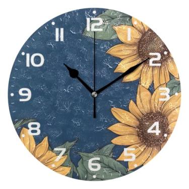 Imagem de JUZIHAI Relógio de parede com girassol amarelo, silencioso, redondo, sem tique-taque, operado por bateria, fácil de ler, relógio decorativo de parede para casa, cozinha, sala de estar, quarto