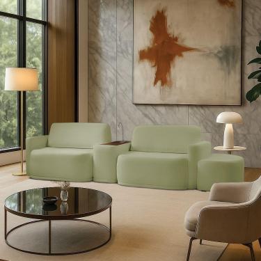 Imagem de Sofá Sala Modulado 279cm Com Puff Console Usb Luminária Brumma Bouclê K01 - D'rossi Cor Verde