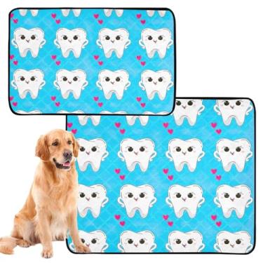 Imagem de Almofadas laváveis para cães para animais de estimação, reutilizáveis, fofas, com dentes de desenho animado, azul claro, absorventes para parto, à prova d'água, tapete para gaiola de cachorro, fofo