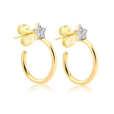 Imagem de Brinco Meia Argola Média Estrela Zircônias Folheado A Ouro - Radhau Jo