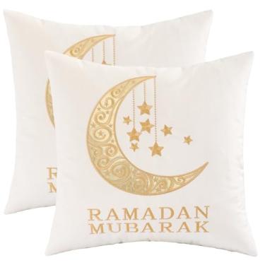 Imagem de Tosleo Capas de almofada Ramadã 45,7 x 45,7 cm Conjunto de 2 capas de almofada de veludo bege e dourado Ramadã Mubarak Decorações de almofada Ramadã lua e estrela para sofá de casa sofá ao ar livre