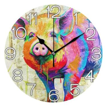 Imagem de GAIGEO Relógio de parede analógico decorativo redondo sem tique-taque silencioso relógio de sala de aula, decoração de parede de sala de estar moderna, pintura engraçada, porco colorido, fofo, 25 cm