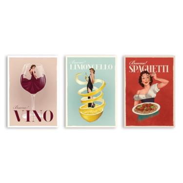 Imagem de Impressões em tela engraçadas italianas de comida e bebida – Pôster retrô de mulher em vidro com Limoncello Spaghetti Vino Pasta Cozinha Bar Decoração de parede (SKU4-3PCS, 12 x 18 polegadas = (30 x