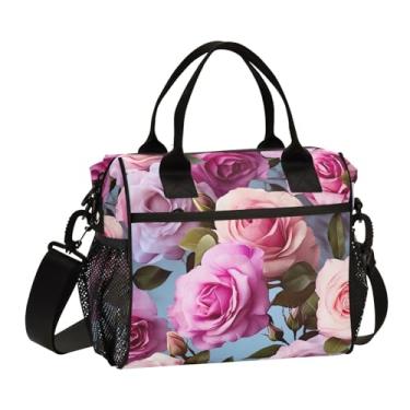 Imagem de GAIGEO Rosas em aquarela em azul com folhas lancheira isolada com alças, lancheiras com suporte para bebidas, lancheira isolada para mulheres, M