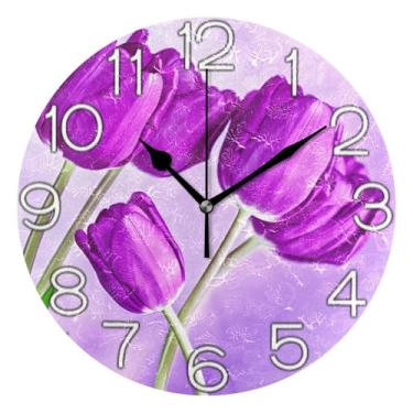 Imagem de GAIGEO Relógio de parede analógico decorativo redondo sem tique-taque silencioso relógio de cozinha fofo, decoração de sala de estar, arte moderna, flor floral roxa vibrante, 25 cm, ponteiros pretos