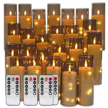 Imagem de Pacote com 24 velas LED sem chama com controle remoto e temporizador, velas cintilantes operadas por bateria com luzes estreladas embutidas, velas decorativas de acrílico cinza de 3 tamanhos para