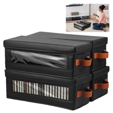 Imagem de Pacote com 4 caixas de armazenamento de DVD, suporte empilhável à prova de poeira, organizador de CD com janela e alças visíveis, comporta até 26 capas, 40 x 14,5 x 15 cm, economia de espaço
