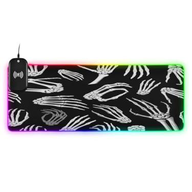 Imagem de CEBUGI Skeleton Hands Mouse Pad de carregamento sem fio 15W mouse pad rápido para jogos com 14 iluminação LED RGB para jogos, PC, laptop, mesa 80 x 30 cm