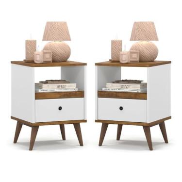 Imagem de Kit 2 Mesas de cabeceira Branco quarto 1 gaveta e um Nicho pés palito Ted