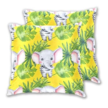 Imagem de Joitme Conjunto de 2 capas de almofadas amarelas de desenho animado de elefantes, folhas de elefantes, grandes, decoração de sala de estar, 50 x 50 cm, 2 peças