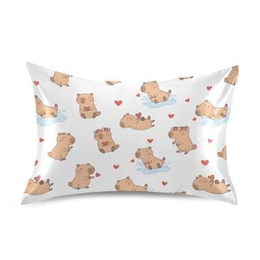 Imagem de Wassud Kawaii Capivaras Dia dos Namorados Fronha de Cetim para Cabelo e Pele Capas de Almofada de Seda Lisa Tamanho Padrão Capas de Travesseiro Respiráveis com Fecho de Envelope