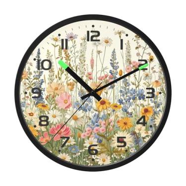 Imagem de SEHANY Herb Wildflower Relógio de parede silencioso sem tique-taque relógio redondo operado por bateria 30 cm controle de som luz noturna relógios de parede para sala de estar, cozinha, quarto