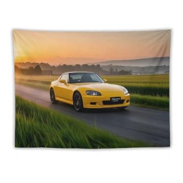 Imagem de HouLaiZhe JDM Tapeçaria de carro amarela Jdm S2000 Pôr do sol no campo para pendurar na parede quarto decoração de casa tapeçarias estética piquenique decoração de parede arte de parede para