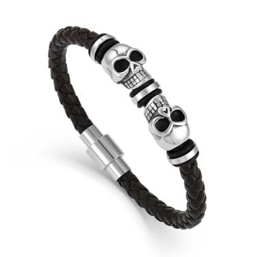 Imagem de TIMFROZ Pulseira masculina de couro com caveira trançada multicamadas pulseira punk hip hop pulseira dia dos pais joias de aniversário presentes para homens pulseira de fivela de aço inoxidável 21,6