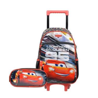 Imagem de Kit Mochila de Rodinha Infantil e Estojo Escolar Masculino Carros Verm