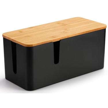 Imagem de ZhiYo Caixa de gerenciamento de cabos com tampa de bambu, 1 pacote, caixa de cabos preta média, organizador de fios para esconder protetor contra sobretensão, fios ocultos de mesa/TV/computador