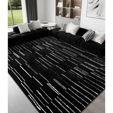 Imagem de YIHOUSE Tapete de área de linha abstrata 15 x 23 cm, tapetes modernos laváveis resistentes a manchas, antiderrapante, tapete macio para sala de estar, quarto, sala de jantar, preto e branco