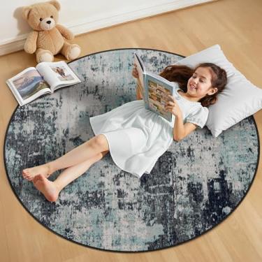 Imagem de RELEANY Tapetes laváveis de 1,2 m, antiderrapante, moderno, abstrato, macio para sala de estar, entrada, quarto, estampa estampada, azul e preto azul-petróleo