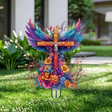 Imagem de Estacas de jardim de cruz de flores para decoração de jardim acrílico - decoração de placa de acrílico de jardim 2D, arte de quintal de fantasia, presente para amantes da natureza, para vasos de