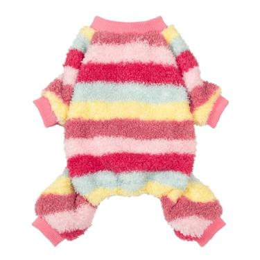 Imagem de Fitwarm Pijama listrado felpudo de lã para cães, roupas quentes de inverno para cães pequenos, meninas, roupa aconchegante para animais de estimação com pés, rosa, vermelho, amarelo, grande