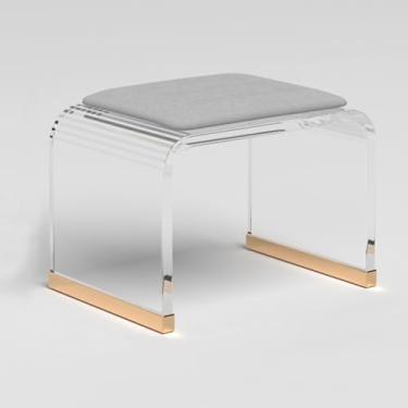 Imagem de Banqueta de acrílico transparente com almofada de veludo, assento acolchoado moderno, pequeno banco de entrada para quarto, sala de estar, escritório - sem necessidade de montagem, elegante e versátil
