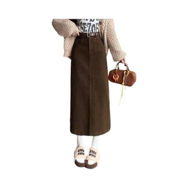 Imagem de Saia Lápis De Veludo Cotelê Vintage Feminina De Cintura Alta, Longa, E