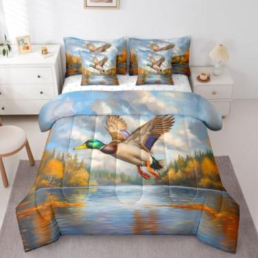 Imagem de Erosebridal Conjunto de edredom de pato selvagem com 7 peças, solteiro, patos voadores selvagens, retrô, cabana no lago em uma bolsa para meninos, crianças, adultos, quarto, casa de fazenda rústica