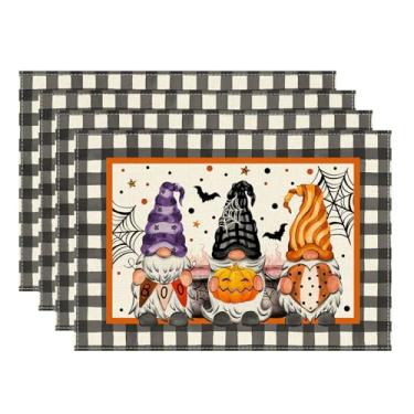 Imagem de XCHI Jogo americano Spooky Boo xadrez gnomo Halloween conjunto de 4 tapetes de mesa para festa, casa, cozinha, decoração de mesa de jantar, 30 x 45 cm