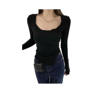 Imagem de Camiseta Feminina Manga Longa Slim Fit - Malha, Bainha Irregular, Moda