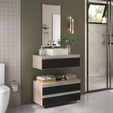 Imagem de Gabinete de Banheiro 80cm Completo – Cuba Integrada e Espelheira, Armário Espaçoso para Higiene, Cosméticos e Utensílios Doméstico Familiar (Madeirado/Preto)