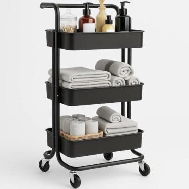 Imagem de Carrinho Organizador Multiuso Preto | 3 Prateleiras e Rodinhas – com Cesto Removível para Banheiro, Cozinha, Lavanderia e Escritório | Estrutura Metálica e Resistente | Fácil de Montar e Compacto