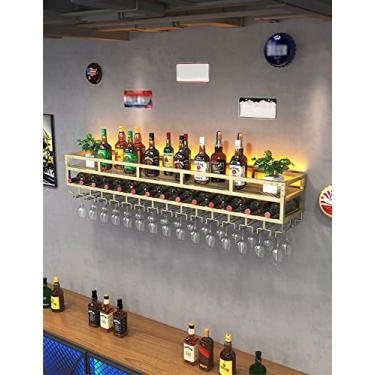 Imagem de Rack de vinho montado na parede com luzes decorativas - Suporte de vinho suspenso de metal industrial e suporte de vidro para bares - Prateleiras flutuantes que economizam espaço, perfeitas para