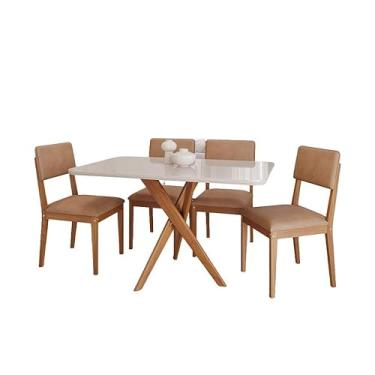 Imagem de Mesa com Tampo de Vidro para Sala De Jantar Cacau 1,30 e 4 Cadeiras Sabiá Madeira/Offwhite/Kaki