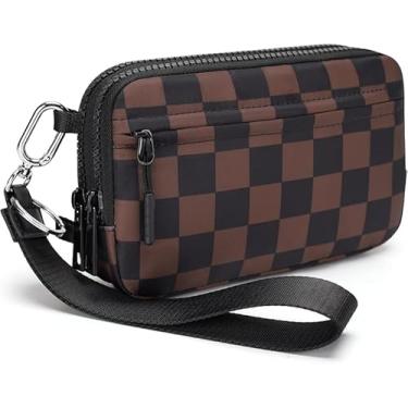 Imagem de hibear Carteiras femininas quadriculadas com janela para identidade, pequena bolsa transversal de nylon, linda bolsa de pulso com 4 zíperes, Mocha