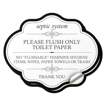 Imagem de 101SignCity Adesivo de vinil com sistema séptico de 2 unidades - 12,7 cm x 10,16 cm Placa branca elegante com texto preto, lembrete de papel higiênico alinhado apenas, decalque autoadesivo para