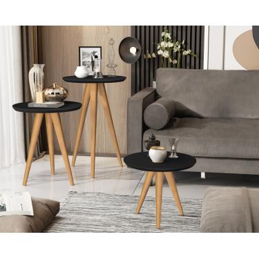 Imagem de Kit 3 Mesas Lateral Apoio e Centro 40cm Pés Palito Preto - Comprar Moveis em Casa