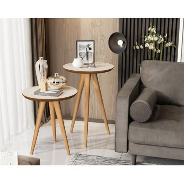 Imagem de Kit 2 Mesas Lateral e Apoio 40cm Pés Palito Off white / Freijó - Comprar Moveis em Casa