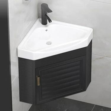 Imagem de Pia de banheiro de canto - Pia de cerâmica de montagem na parede com recipiente de armazenamento - ideal para espaços pequenos - Armário de banheiro compacto para organização eficiente