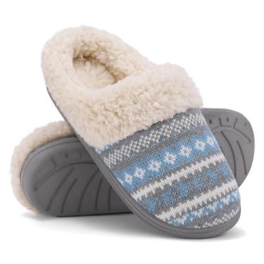 Imagem de Evshine Pantufas femininas de tricô para casa felpudas com espuma de memória forrada com lã para uso interno e externo, Light Blue, 7-7.5