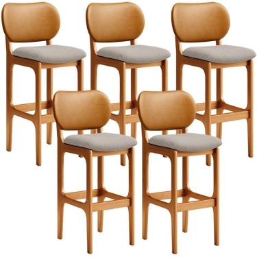 Imagem de Kit 5 Banquetas Alta Betta Imbuia Whisky Linho Bege