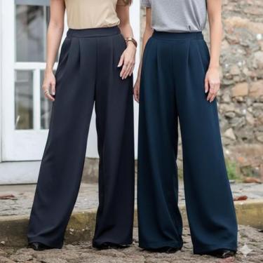 Imagem de Kit Com 2 Calças Pantalona Duna Reta Cós Frontal Liso Elegante Social 