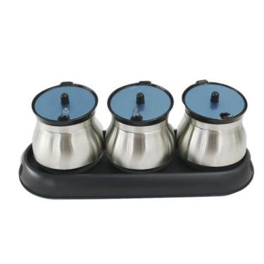 Imagem de Porta condimento de inox com 3 potes e suporte de plastico - Top Rio