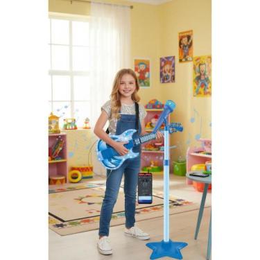 Imagem de Guitarra Infantil Microfone Karaokê Luzes Sons Azul - Congratulations 