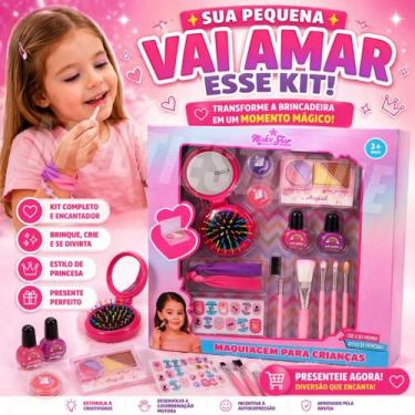 Imagem de Kit Maquiagem Infantil Completo com Espelho Pincéis e Acessórios Rosa 